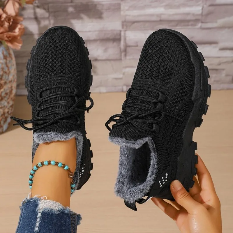 レディース用、冬用、保温性スニーカー。ニット素材、レースアッ - Knit Fabric Lace Up Sneakers のレビューと価格