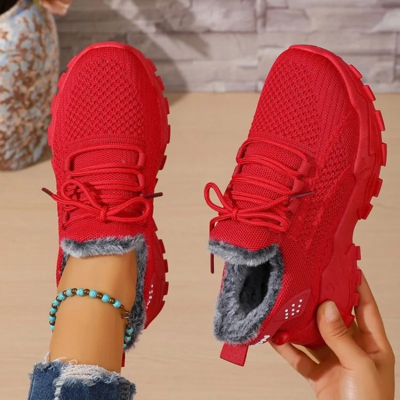 レディース用、冬用、保温性スニーカー。ニット素材、レースアッ - Knit Fabric Lace Up Sneakers のレビューと価格